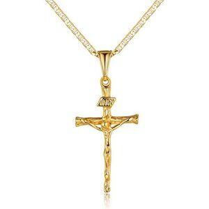 18K Gold Plated Flat Mariner/Marina 060 3MM Chain Necklace With Cross Pendant.